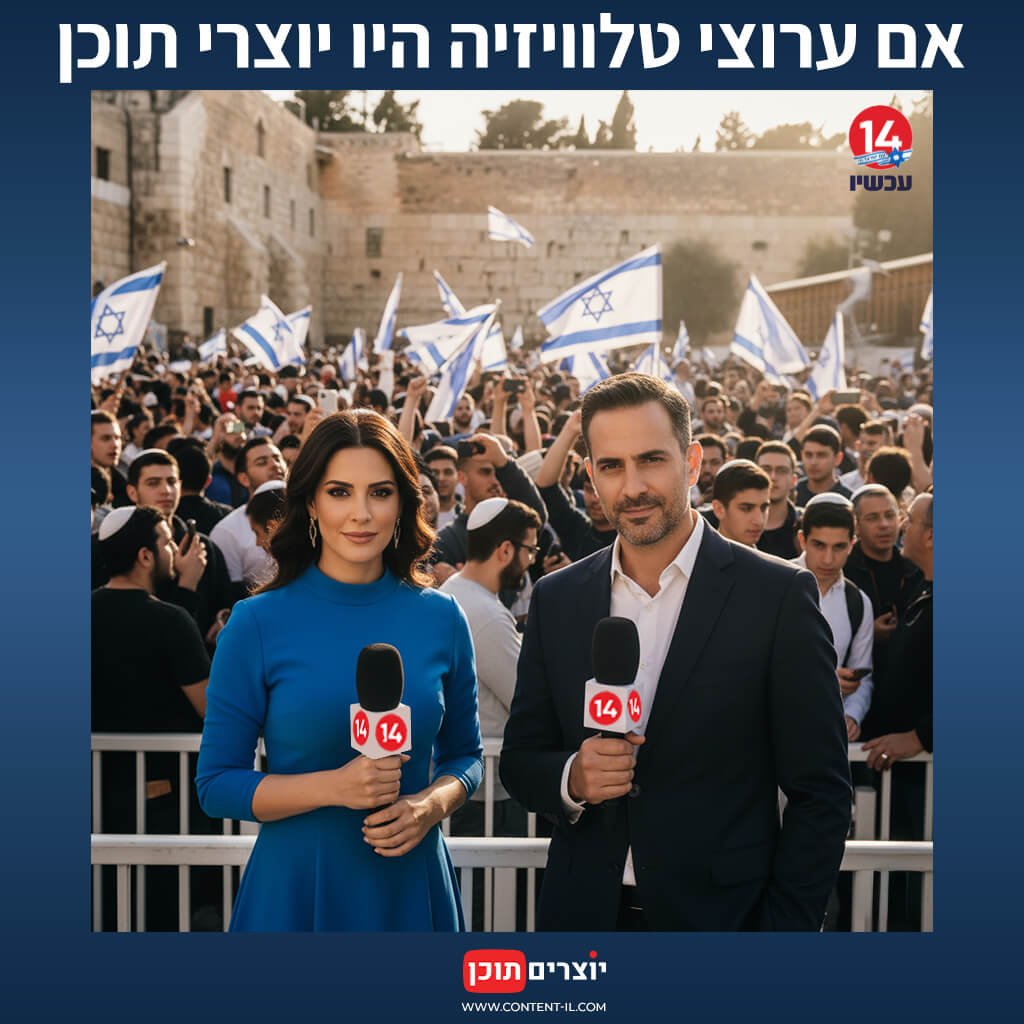מגישי החדשות של ערוץ 14 מדווחים מהשטח - מתוך הפוסט "אם ערוצי הטלוויזיה היו יוצרי תוכן" בבלוג מיומנו של יוצר תוכן באתר יוצרים תוכן.
