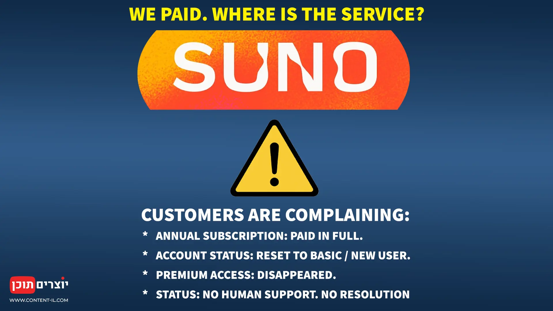 Suno AI billing failure and lack of customer support for paid subscribers. Featured image for the Content IL investigation.
